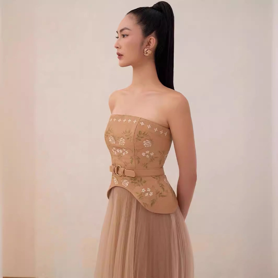 Flower And Bird Embroidered Leather Tube Top Pleated Mid-length Dress Set