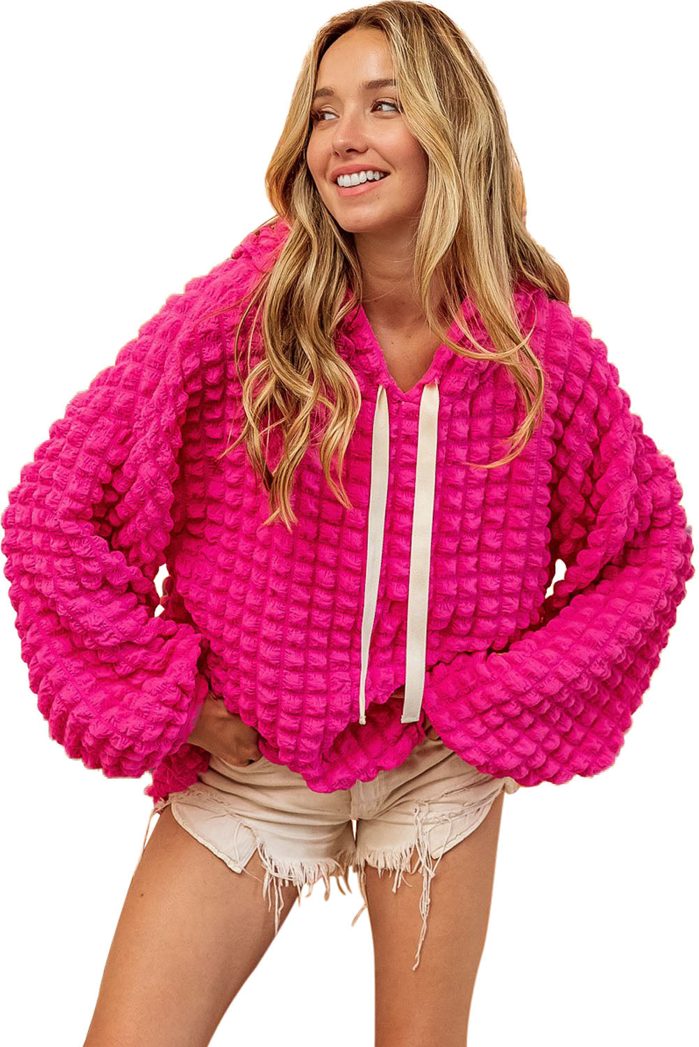 Rose Bubble Textured Waffle Hoodie