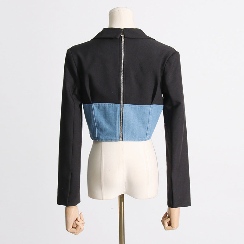 Manteau de costume à manches longues tendance avec coutures en denim et fermeture éclair dans le dos