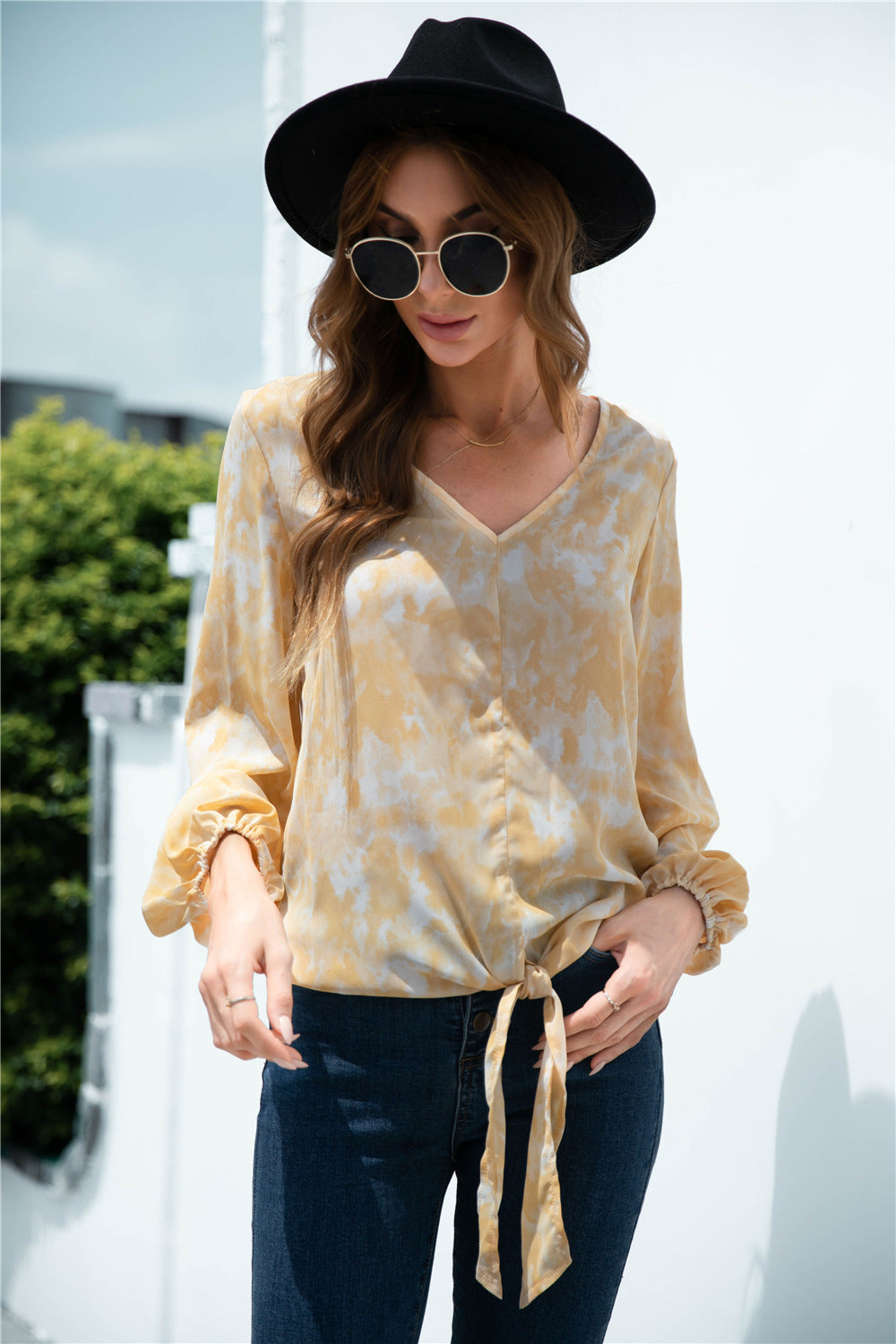 Tie-Dye Tied Balloon Sleeve Blouse