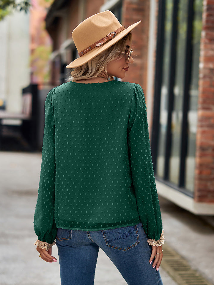 Swiss Dot V-Neck Long Sleeve Blouse