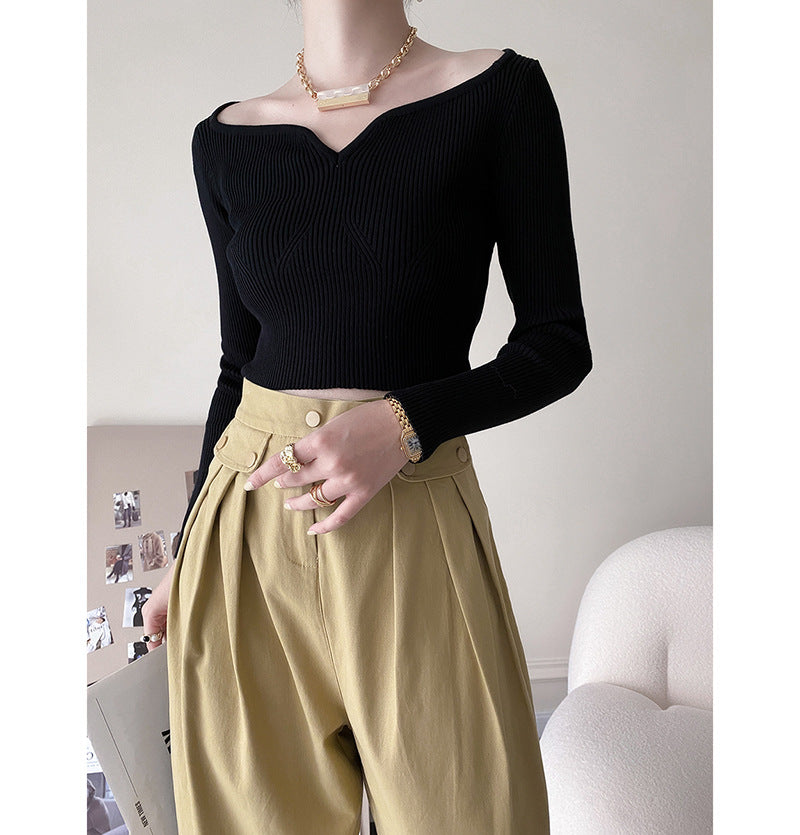 Women's Petal Collar Short Slim Bottoming Knitted Sweater