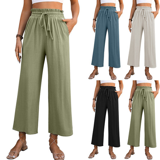 Pantalon droit taille haute avec cordon de serrage, couleur unie, ample, jambes larges, vêtements d'été décontractés pour femmes