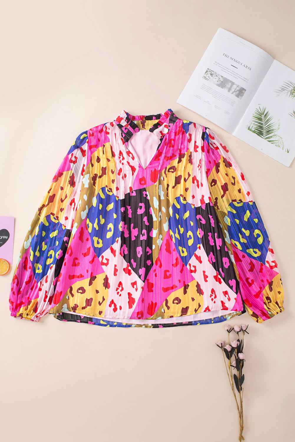 Rose Leopard Patchwork Print Pleated Blouse