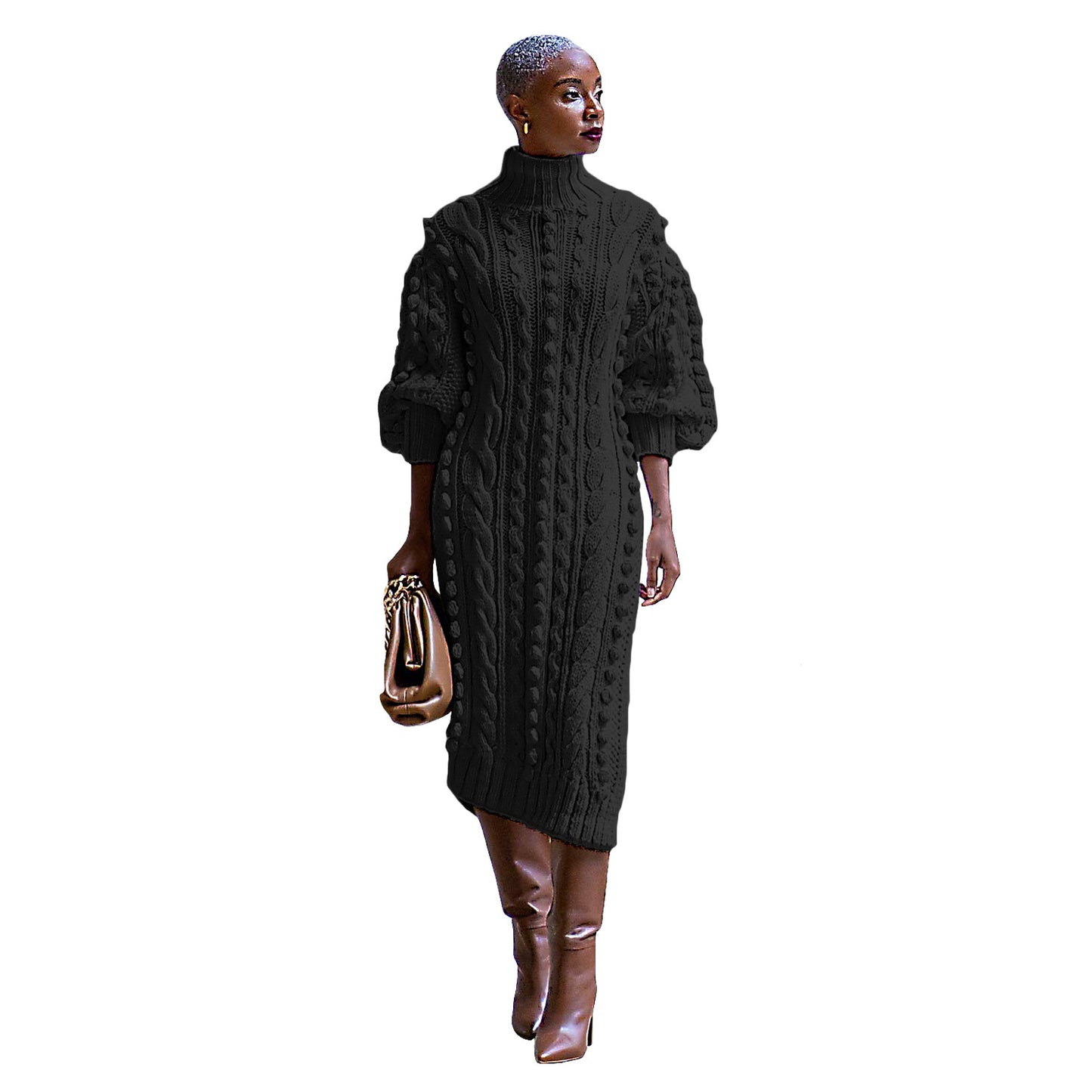 Women's Casual Turtleneck Slit Knitted Long Dress