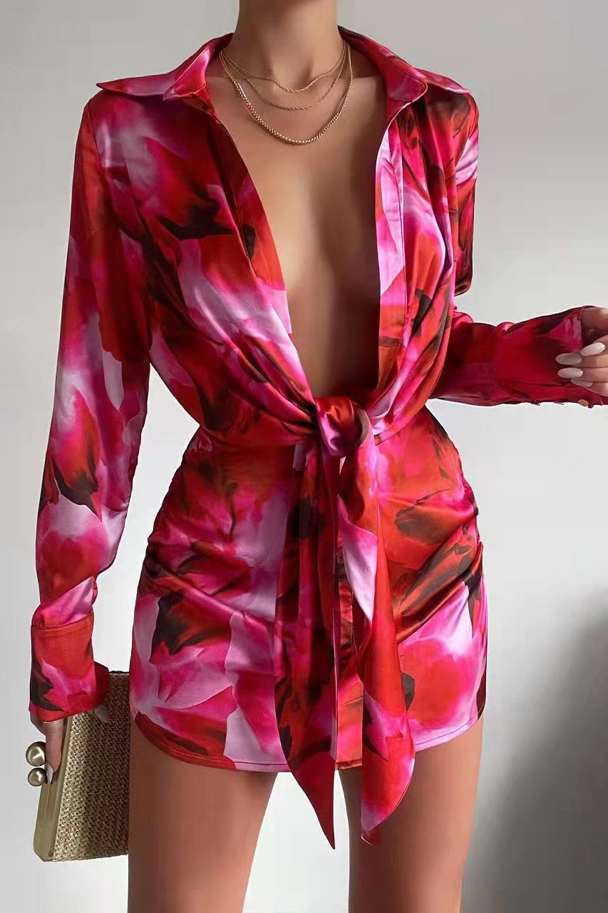 Robe chemise boutonnée à manches longues et imprimé numérique pour femmes