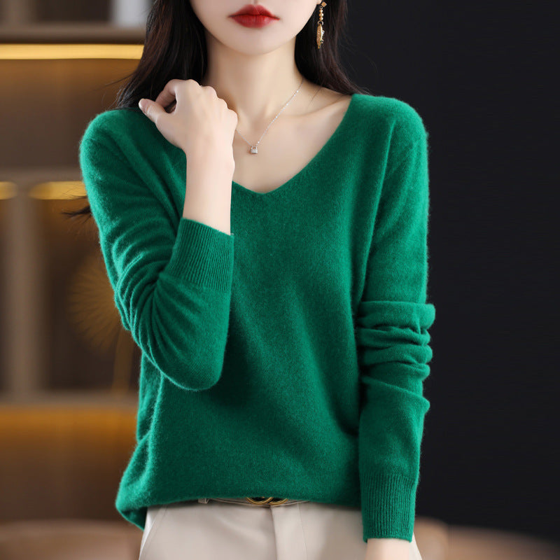 Women's Knitted New V-neck Pullover Sweater Wool Base Shirt