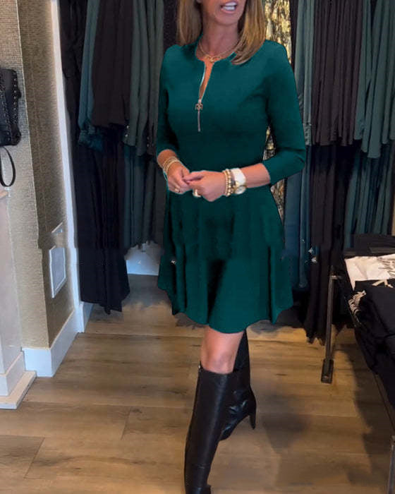 Women's Solid Color Slim Round Neck Long-sleeve Zipper Dress