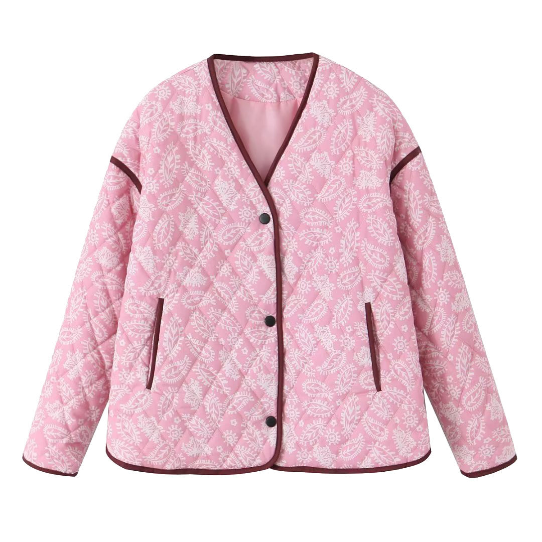 Veste de manteau en coton Patchwork décontracté pour femmes, col en v imprimé, ample et décontracté