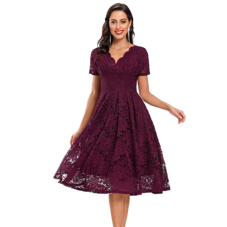 V-neck Mid-length Lace Swing Dress