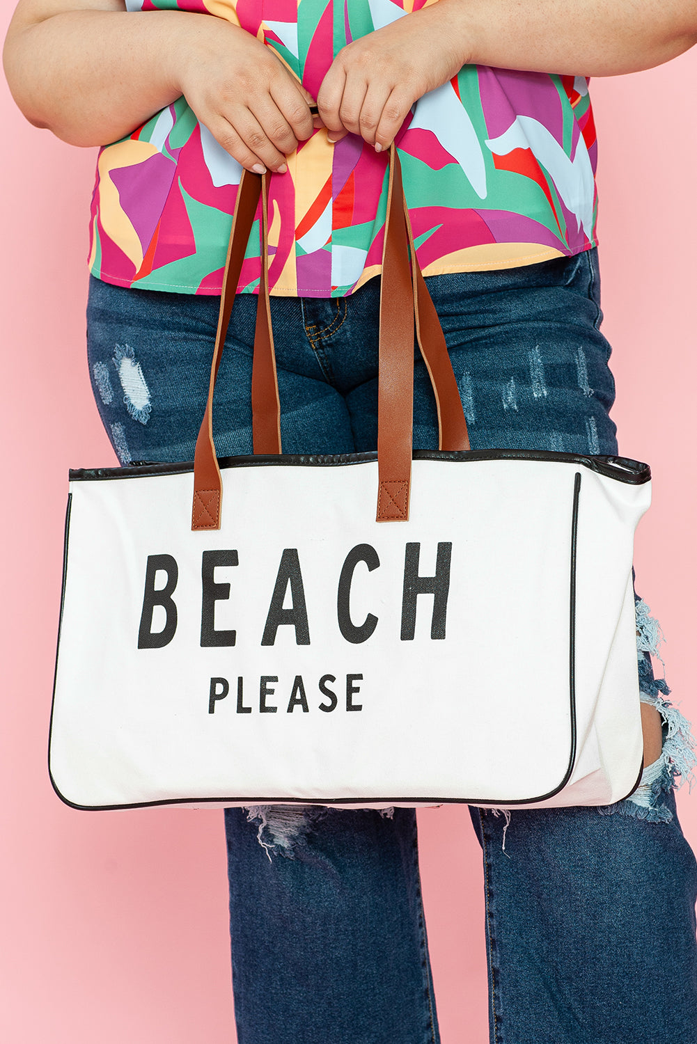 Bolsa tote de lona grande blanca con estampado PLAYA POR FAVOR