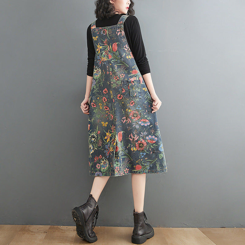 Artistic Style Printed Denim Suspender Skirt