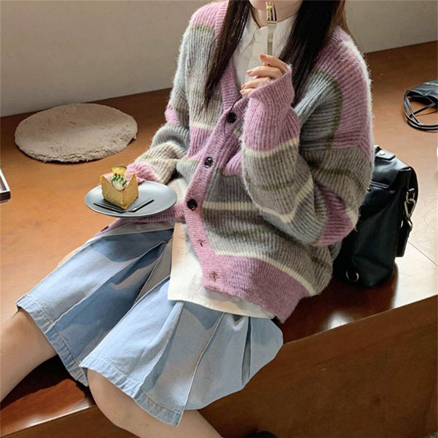 V-neck Japanese Lazy Style Retro Striped Sweater Coat Women