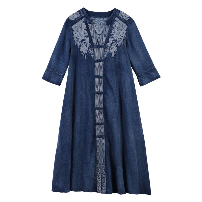 Robe en jean à manches mi-longues brodée grande taille pour femme