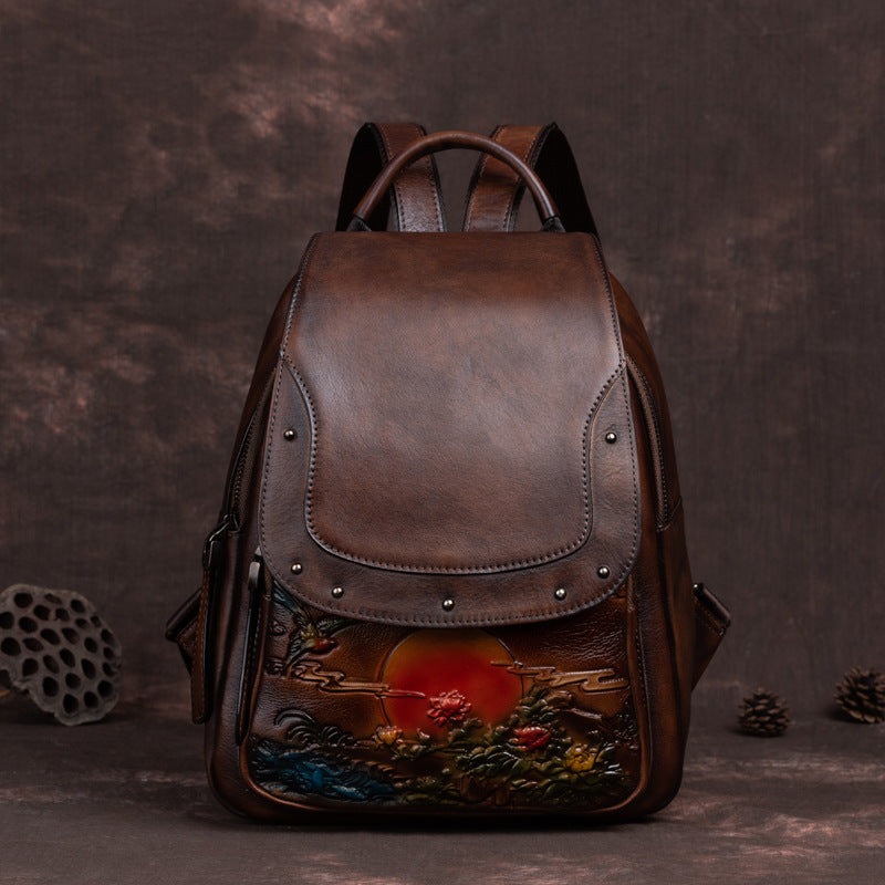 The First Layer Cowhide Retro Embossed And Polished Color Personalized Ladies Backpack