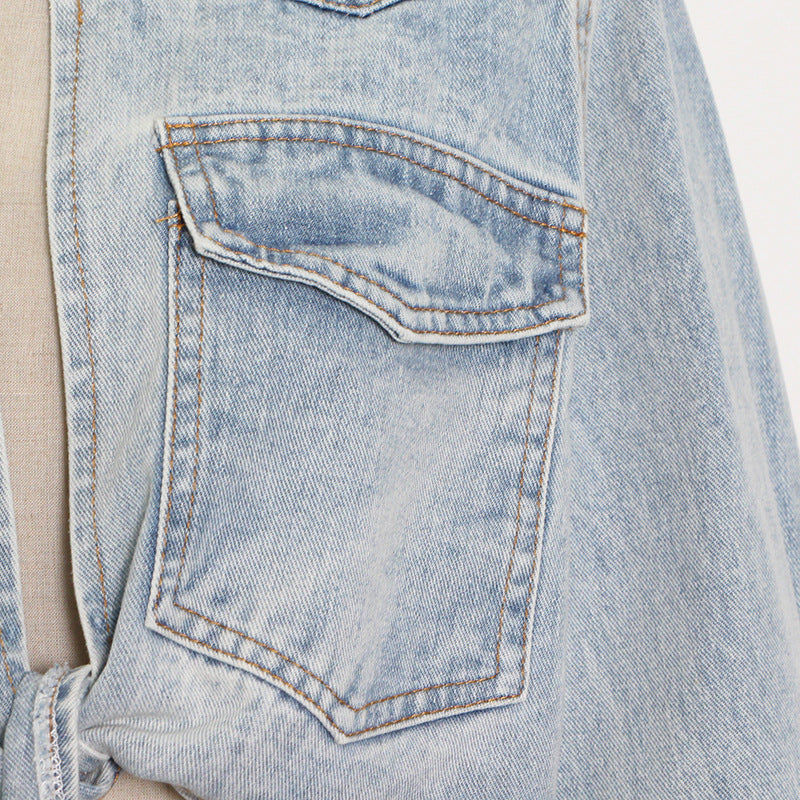 Cropped Cropped Denim Jacket With Tie At The Chest