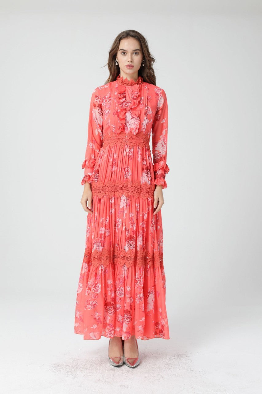 Early Spring Chiffon Fashion Temperament Commute High Waist Print Long Dress