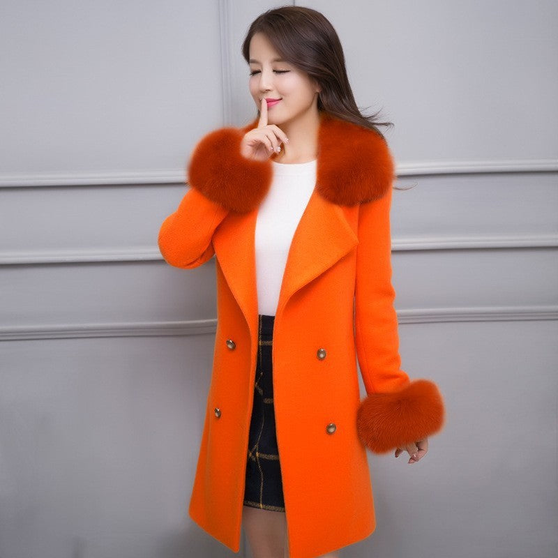 Big Fur Collar Warm Mid-length With Belt Coat