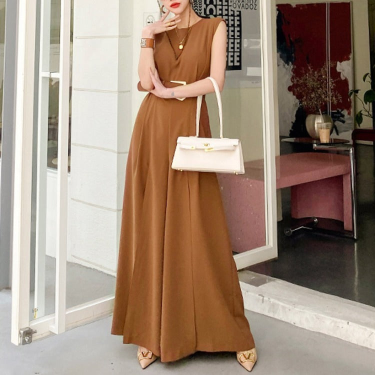 Commuter Temperament Round Neck Slit Wide Leg Jumpsuit