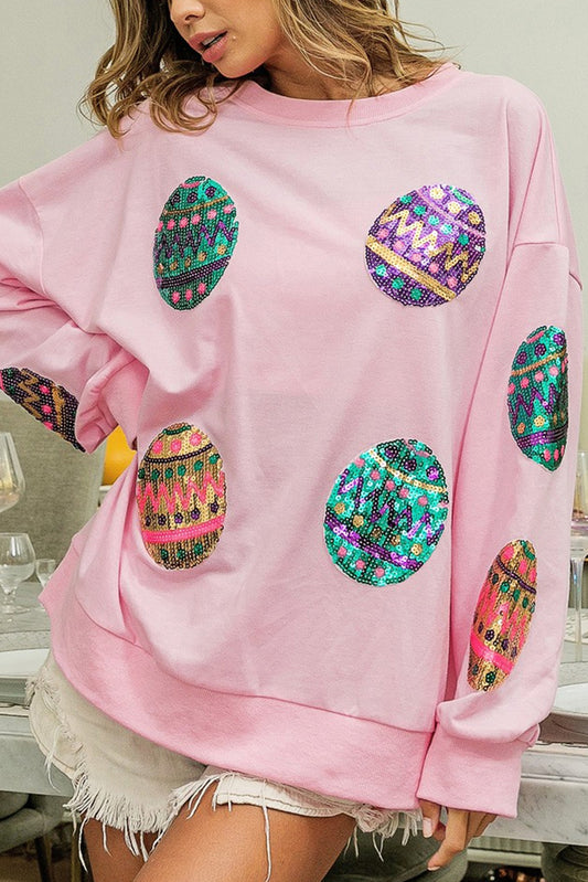 Sudadera extragrande con hombros caídos y huevos de Pascua con lentejuelas rosa