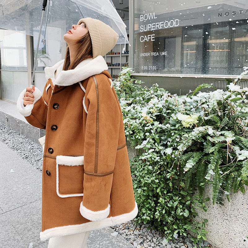 Women's Brown This Year's Popular Lamb Wool Coat