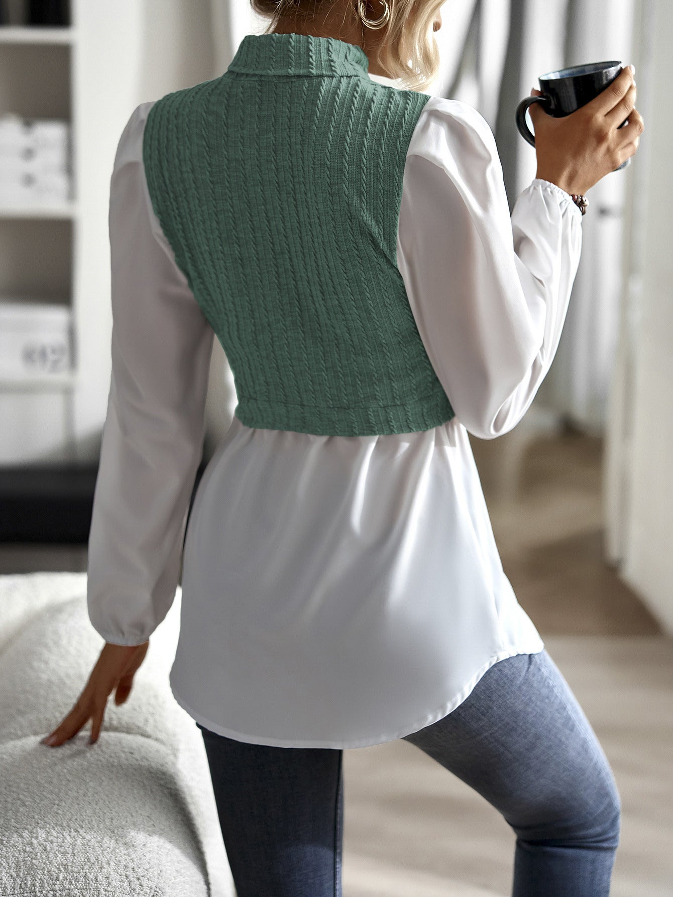 Contrast Cable-Knit Mock Neck Top