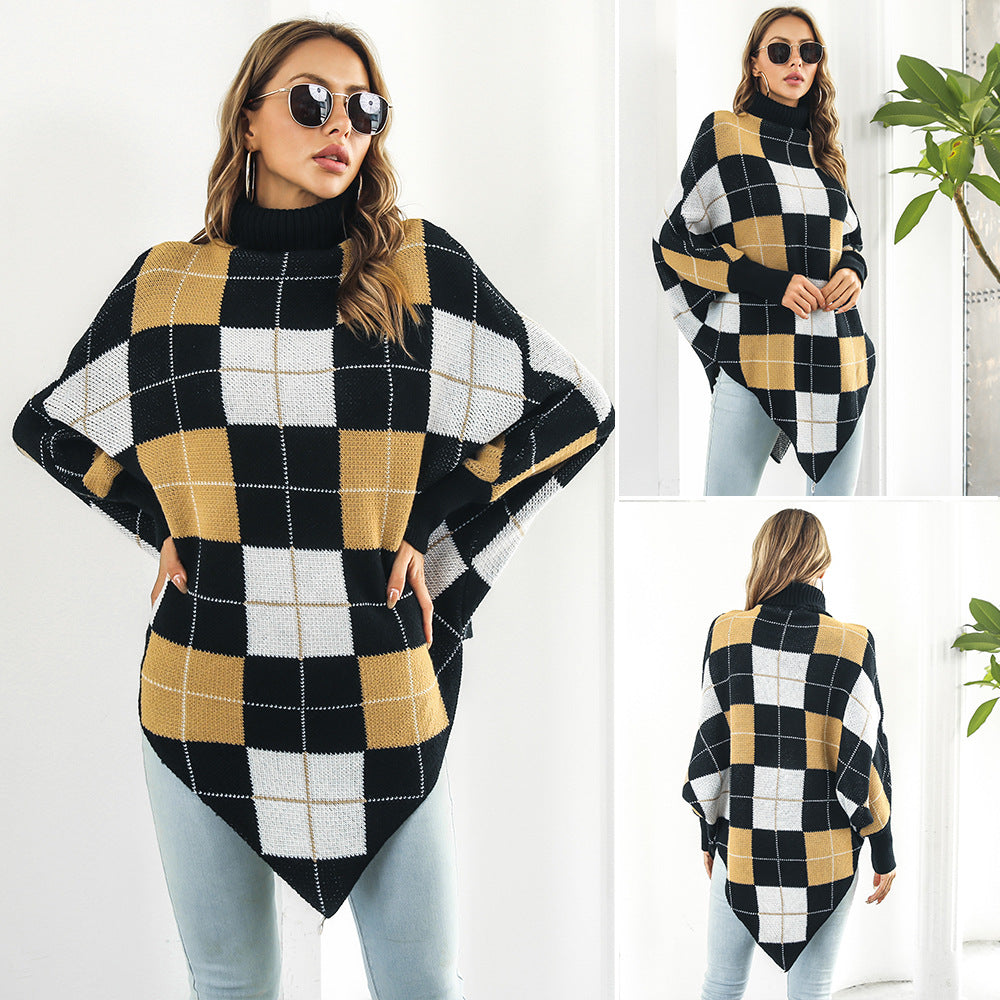 Women's Mid-length Plaid Jacquard Cape Sweater Coat