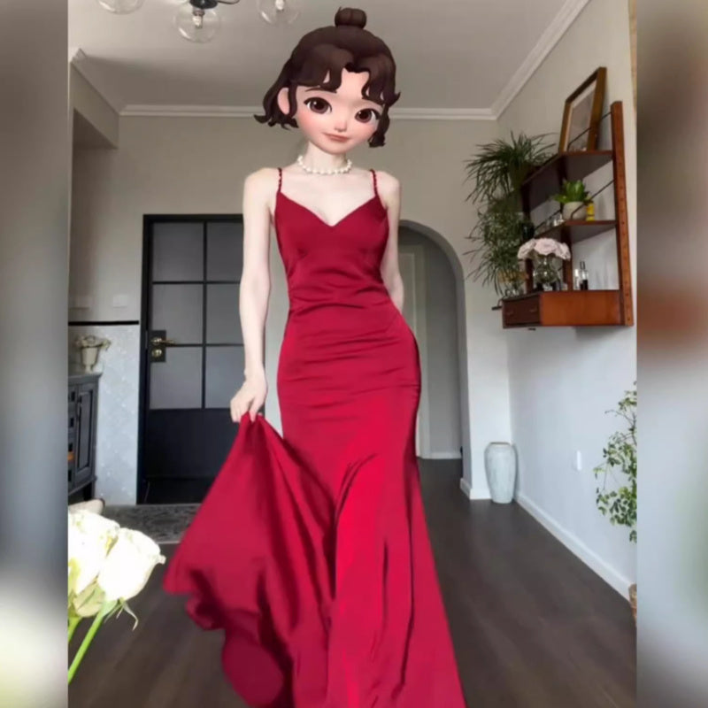 Robe rouge à bretelles, col en V, robe de soirée de mariage