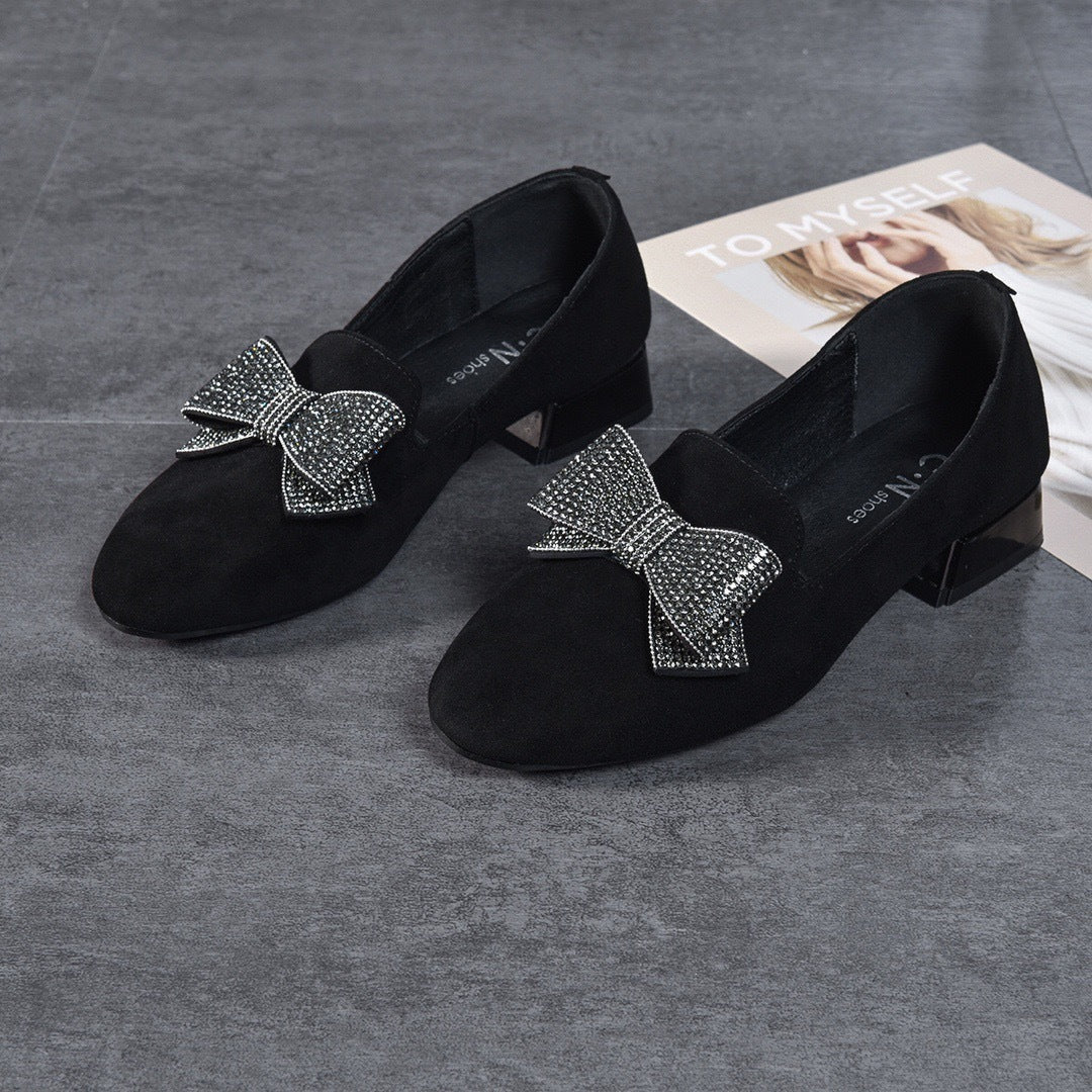 All-matching Round Toe Rhinestone Bow Leather Shoes