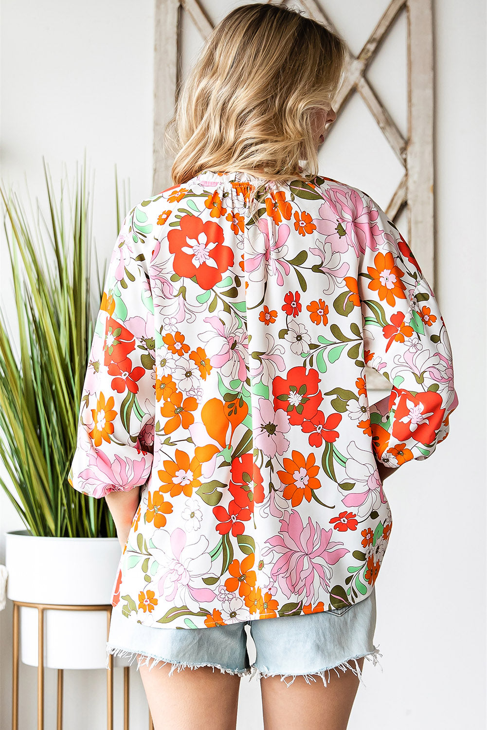 Floral Notched Neck Balloon Sleeve Blouse