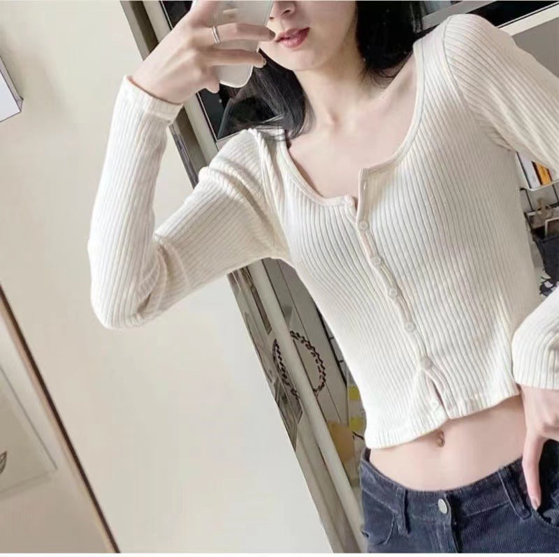 Women's Fashion Temperament Single-breasted Long Sleeve Knitted Cardigan Top