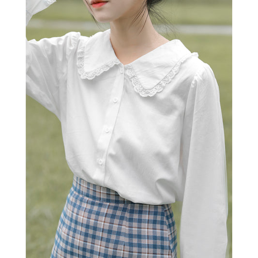 Women's Design Sense Niche Spring And Autumn Doll Collar White Shirt