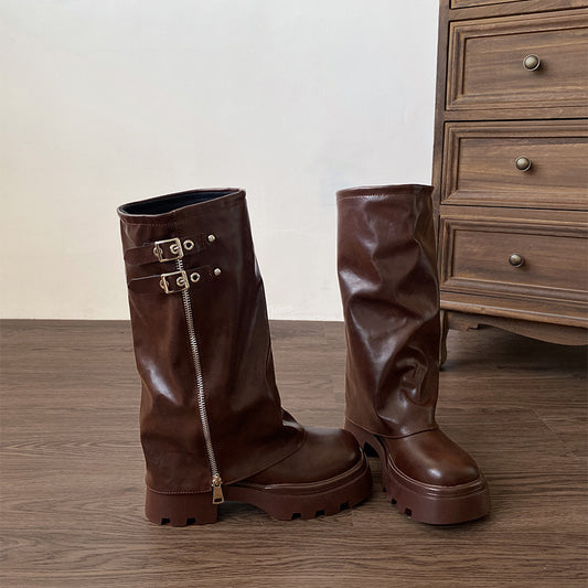 Children With Knee High Brown Thick Soled Boots