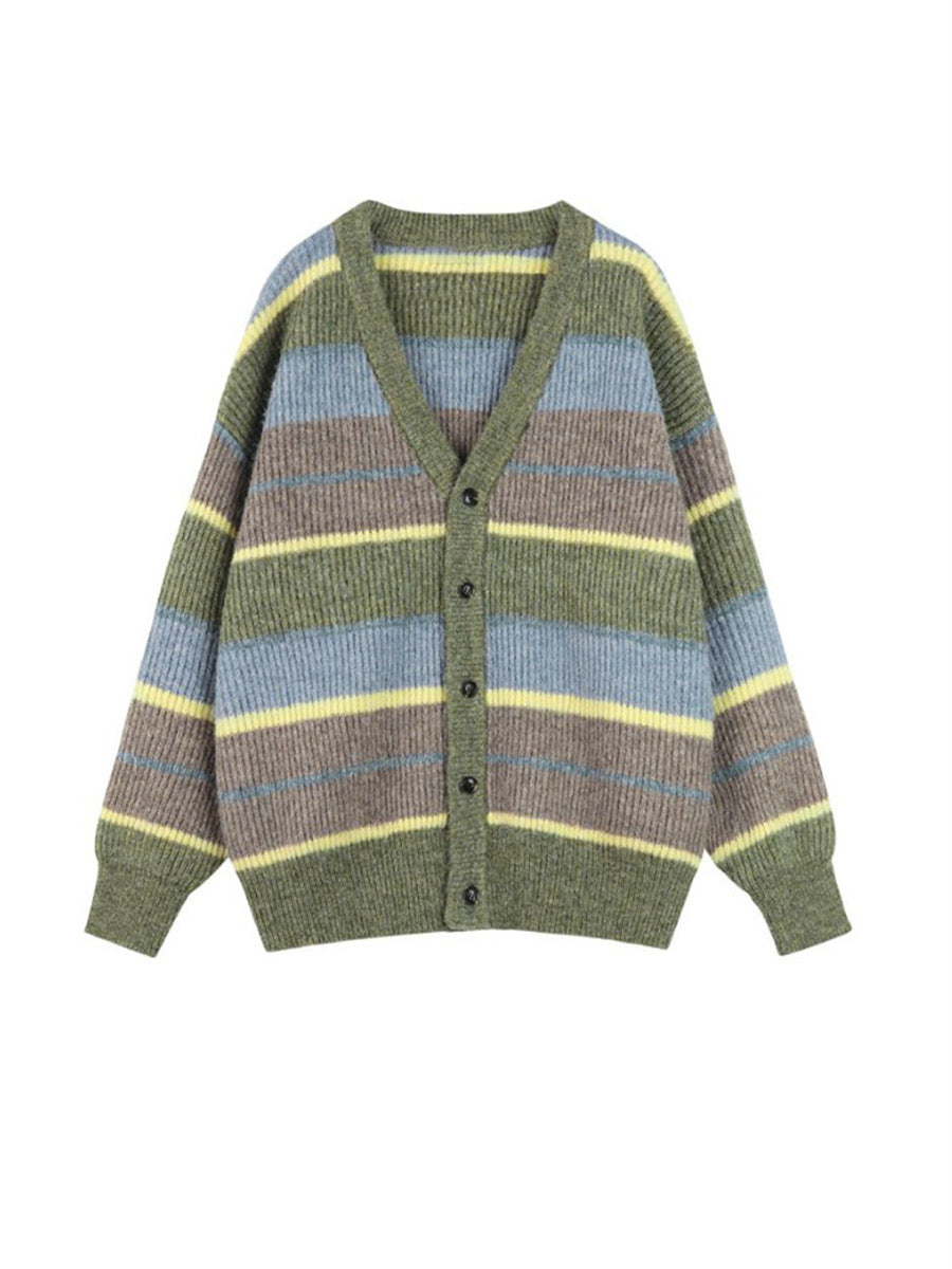 V-neck Japanese Lazy Style Retro Striped Sweater Coat Women