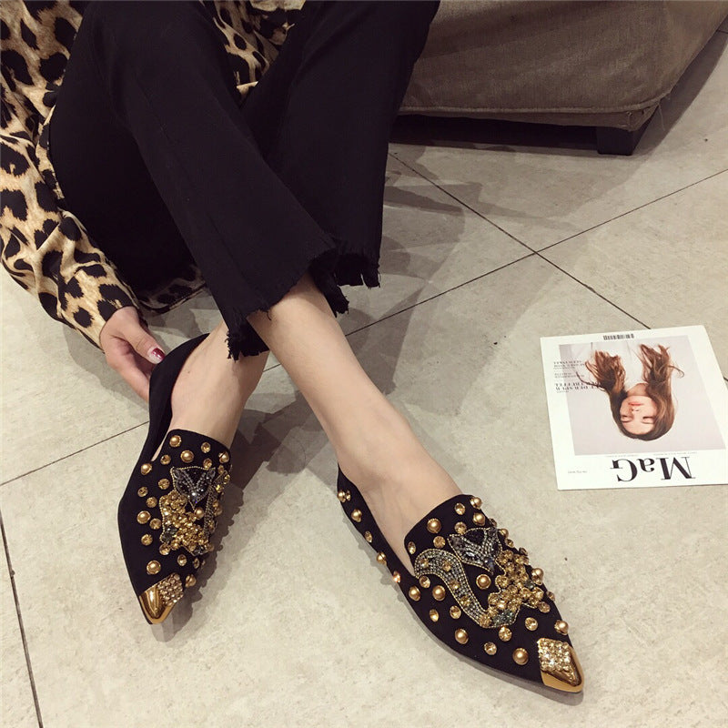 Women's Rhinestone Pointed Toe Rivet Flat Shoes