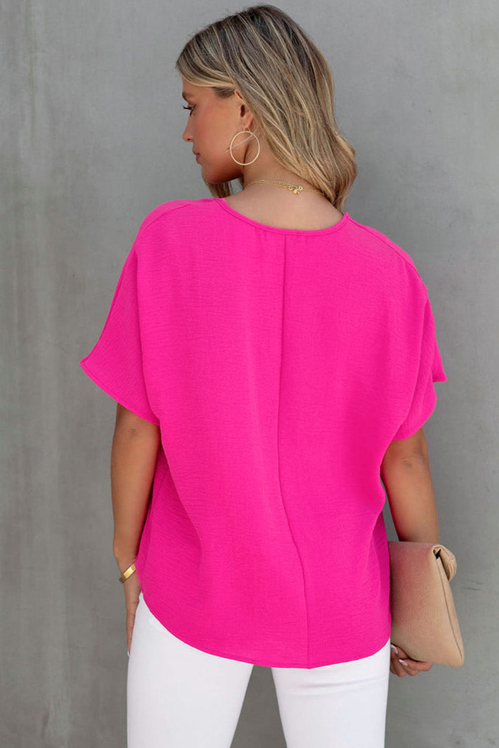 Blusa de manga corta con cuello en V liso rosa