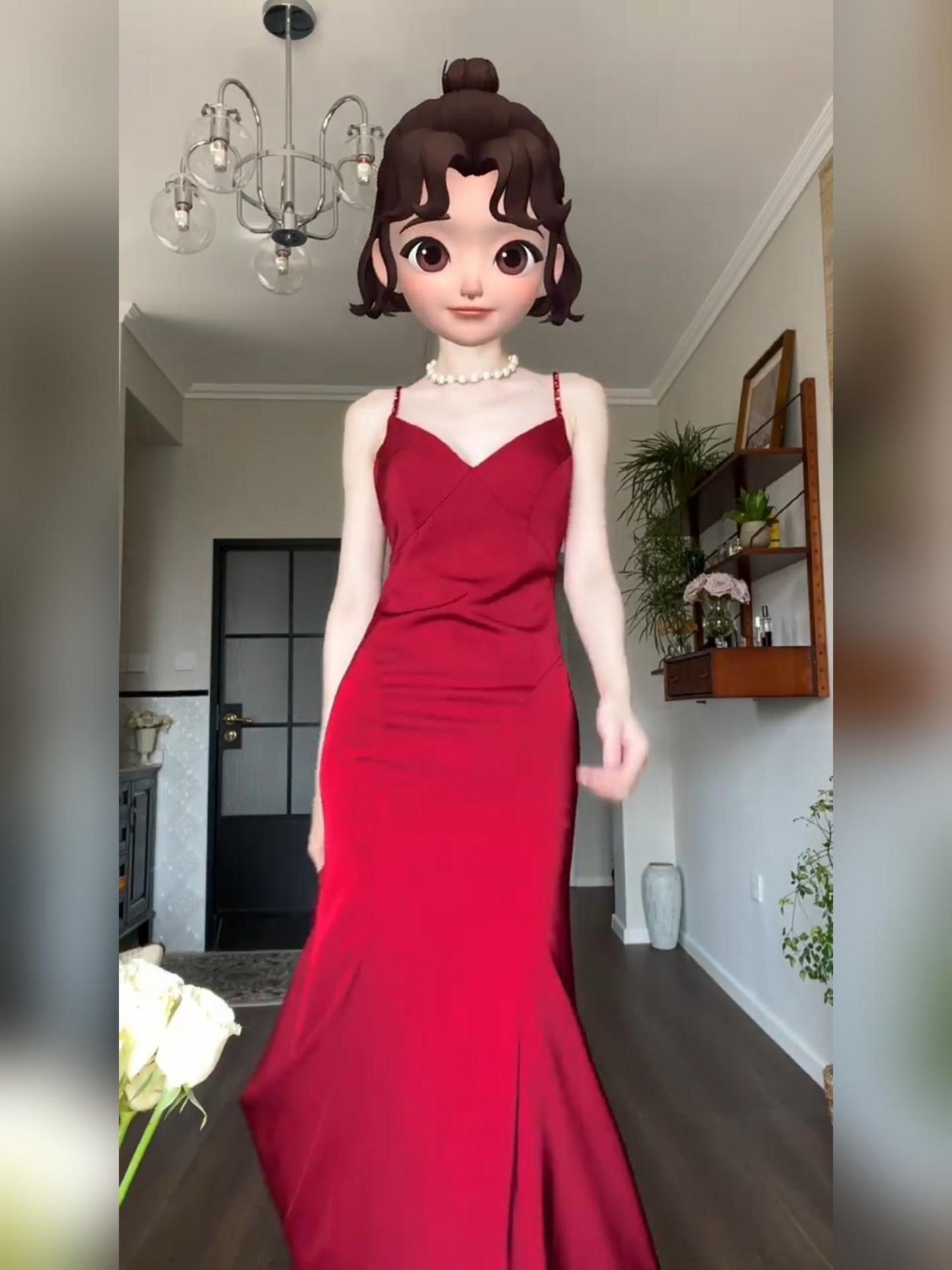 Robe rouge à bretelles, col en V, robe de soirée de mariage