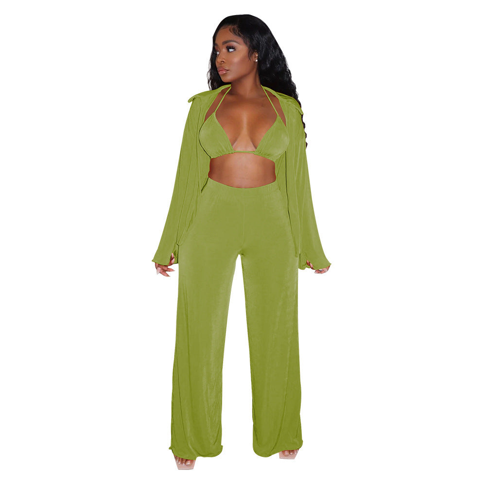 Women's Fashion Casual Long Sleeve Bikini Wide Leg Pants Suit