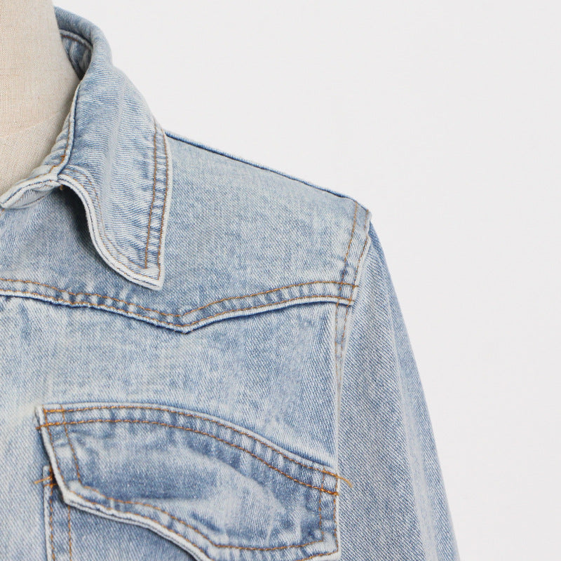 Cropped Cropped Denim Jacket With Tie At The Chest