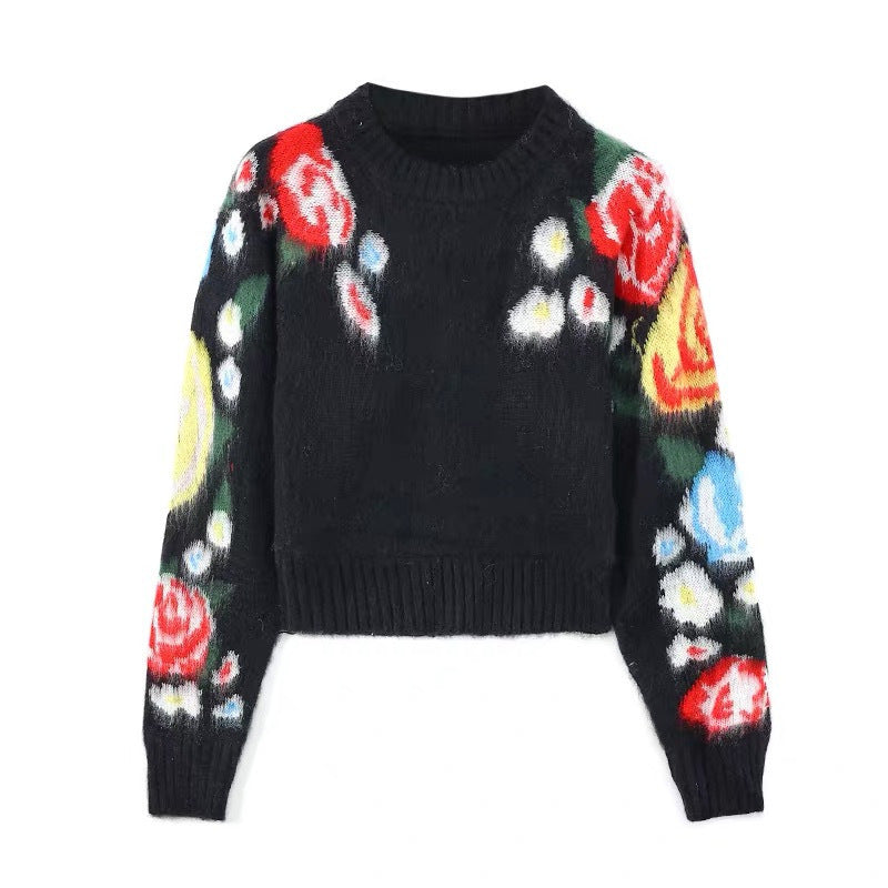 Sweet Art Flower Mohair Pullover Crew Neck Sweater