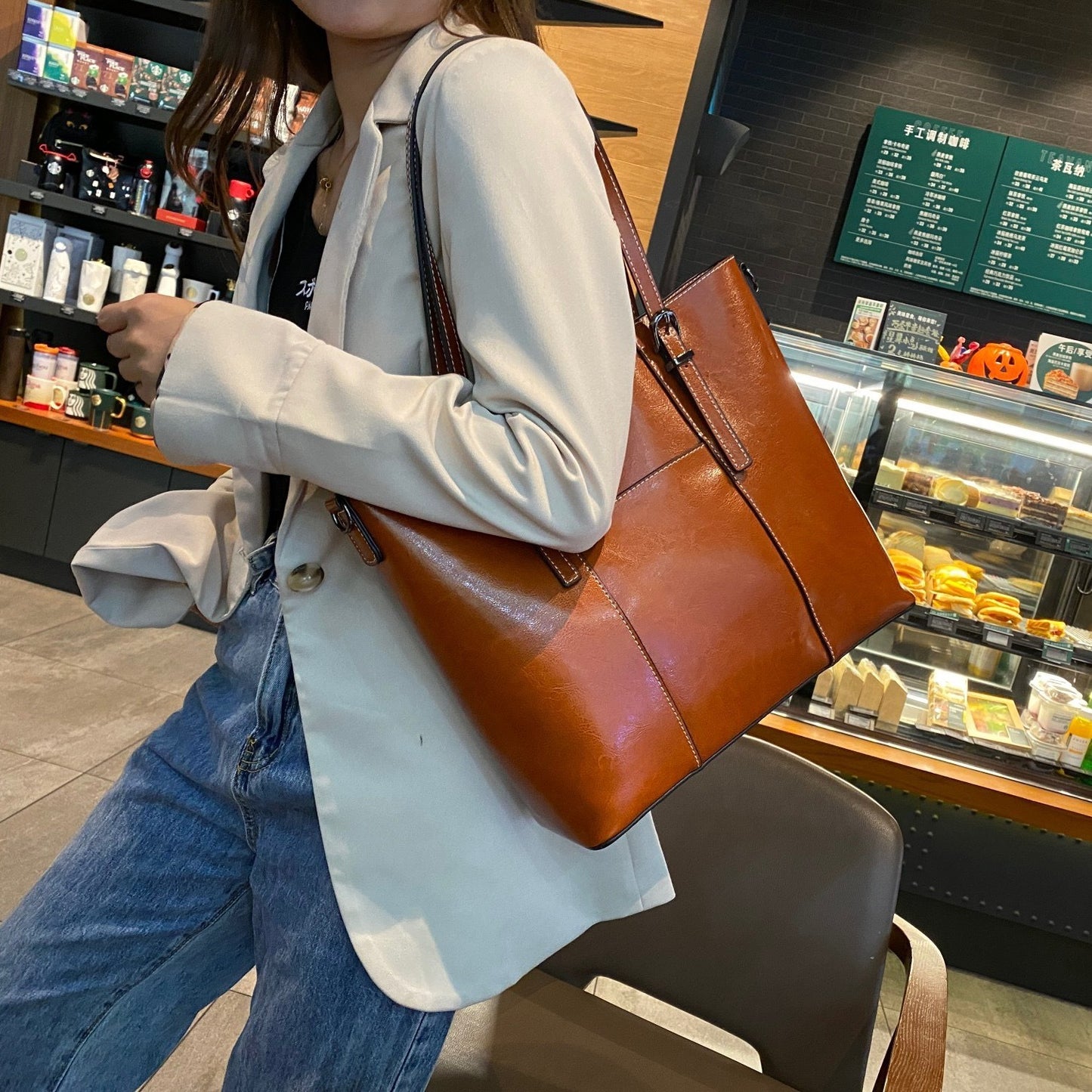 Grand sac en cuir véritable pour femme, sacoche à bandoulière en cuir de vachette