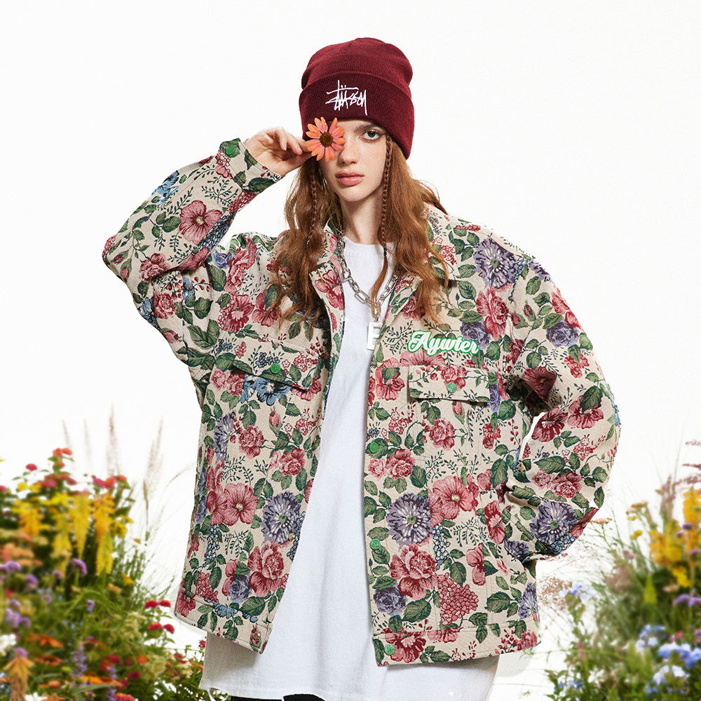 Veste ample à imprimé floral teint en fil de style rétro américain