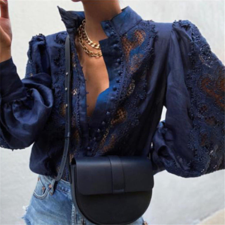 Women's Solid Color Lace Cutout Stand Collar Shirt