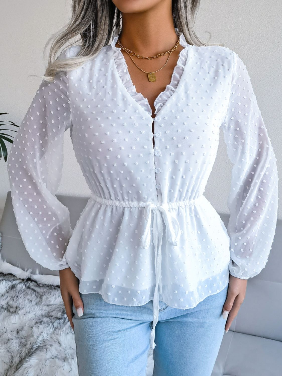 Swiss Dot Frill Trim Drawstring Waist Peplum Blouse