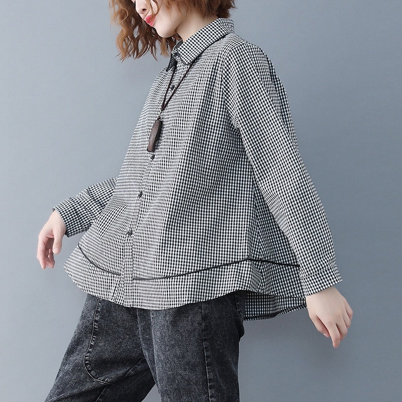 Autumn Age-reducing Doll Collar Plaid Shirt Loose A-line Hem Long-sleeved Shirt