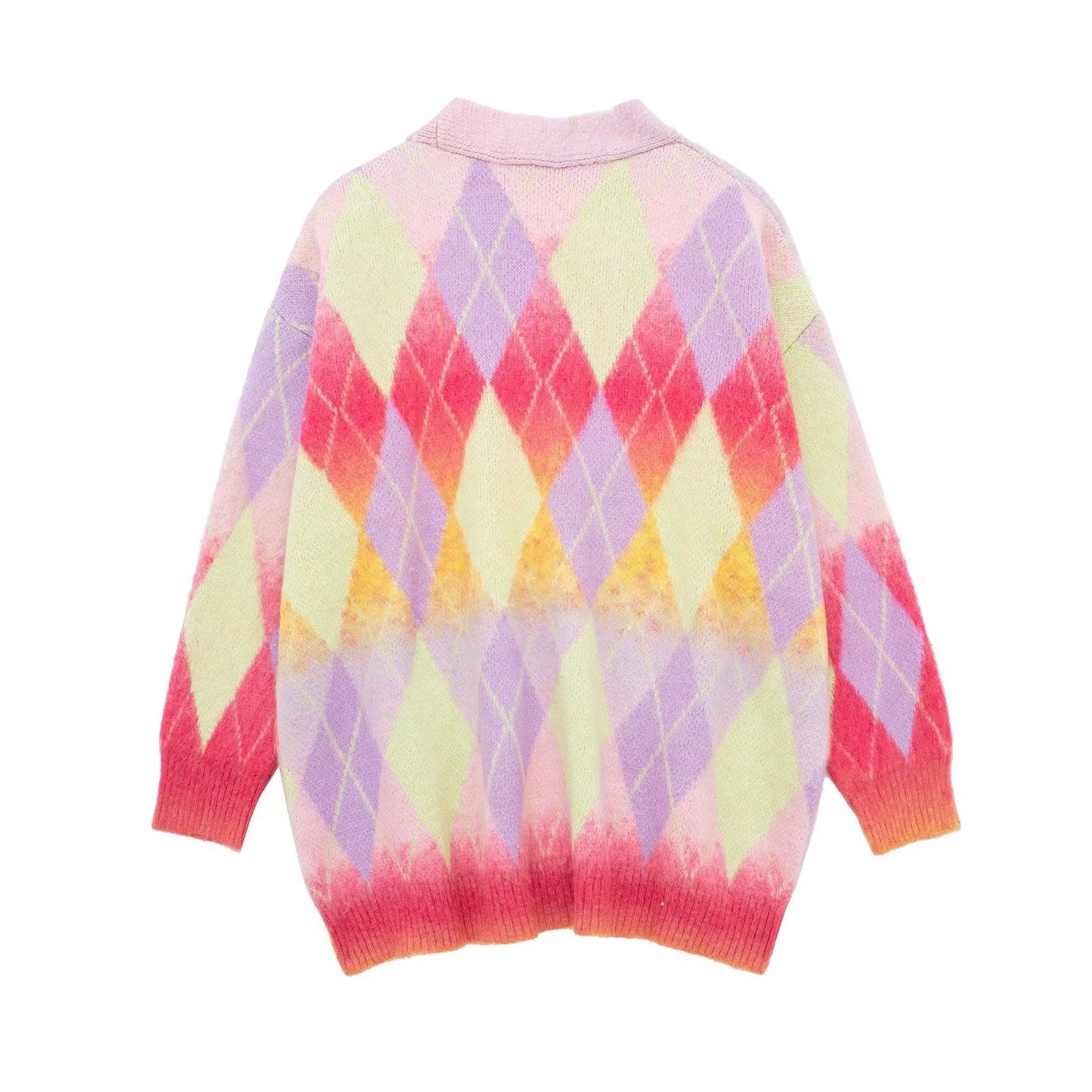 Women's Autumn And Winter Colorful Rhombus Pattern Knitted Cardigan Sweater Coat