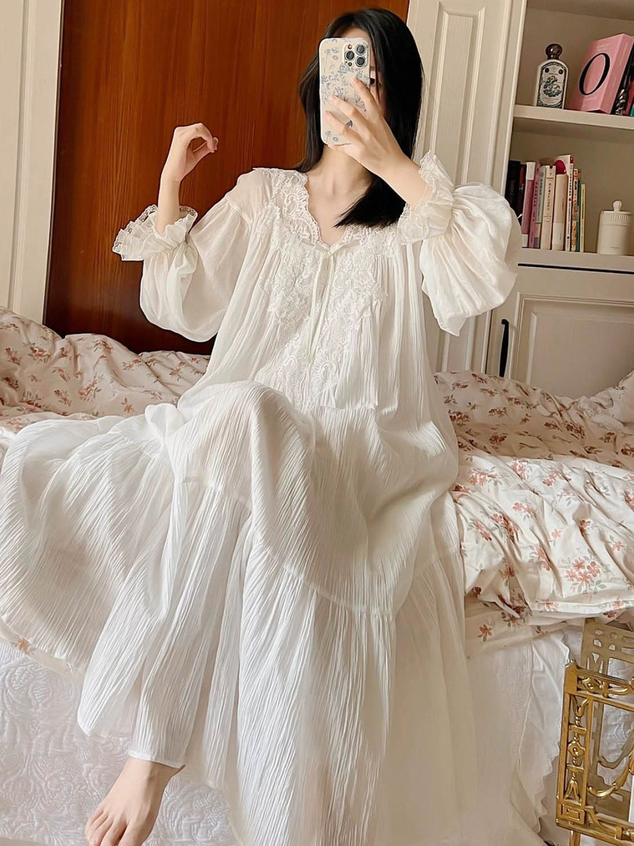 Women's Morning Gowns Spring And Autumn Cotton Long-sleeved Lace Pajamas Dress