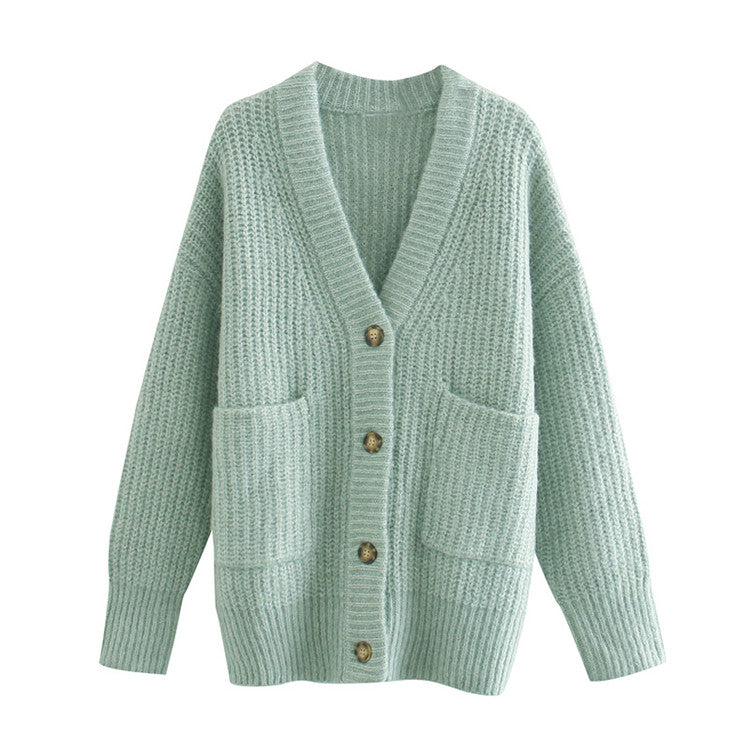 Women's Lazy Knit Cardigan Loose Patch Pocket Sweater Coat