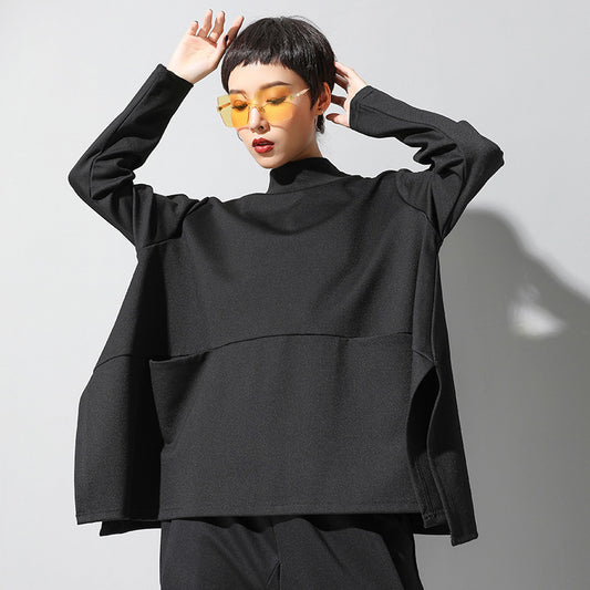 Women's Wear Black And Loose A Split Long Sleeve T-shirt