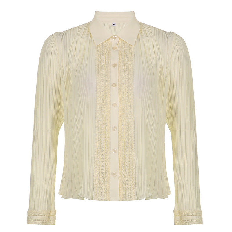 Women's Fashion Chiffon Lace Stitching Lapel Shirt